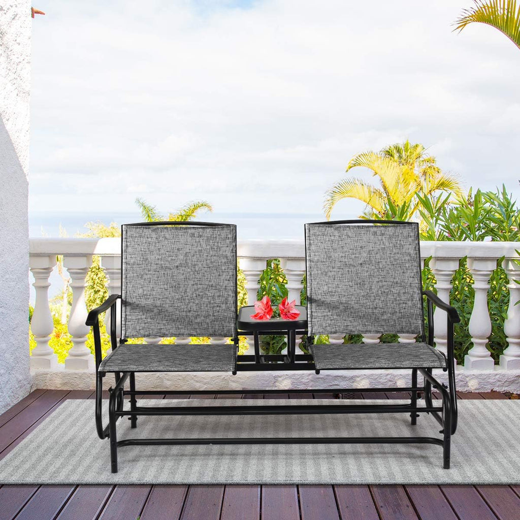 Patio Bench Glider Chair with Metal Frame, Center Tempered Glass Table, Outside Double Rocking Swing Loveseat for