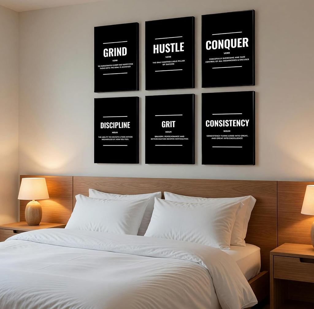 Black and White Motivational Canvas Wall Art Set of 6 - Framed Gallery-Wrapped Prints for Men, Office, Bedroom &