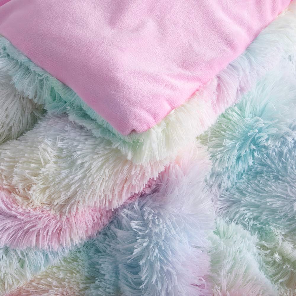 Faux Fur Plush Rainbow Comforter Set Fluffy Fuzzy Shaggy Bedding Set - 3PC Microfiber Soft Warm Quilt Set