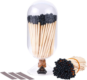 4'' Decorative Black Matches Cloche with Striker, Matches in a Jar with Striker, Safety Matches for Candles - Set of 100
