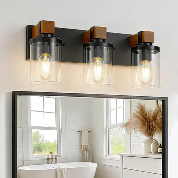 3-Light Farmhouse Bathroom Light Fixtures, Black Bathroom Vanity Light Fixtures Over Mirror, Rustic Sconces Wall