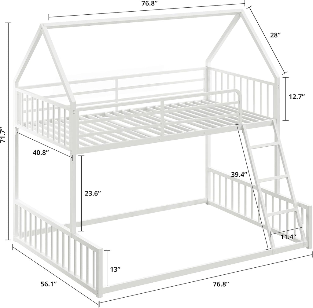 Bunk Bed Twin Over Full, House Bunk Bed Frame with Ladder and Guardrail