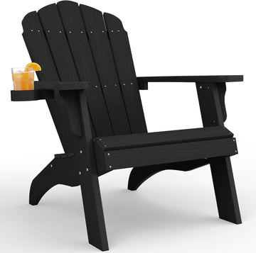 Oversized Adirondack Chair with Cup-Holder - Black | Heavy Duty Poly Lumber Outdoor Fire Pit Chair, Weather