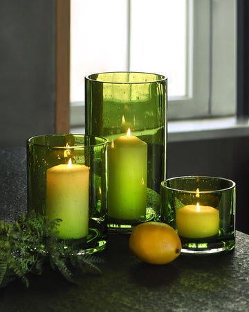 Hurricane Candle Holders Set of 3, Spring Green Glass | Seeded Bubbles, Pillar Candle Holders, Cylinder Vase