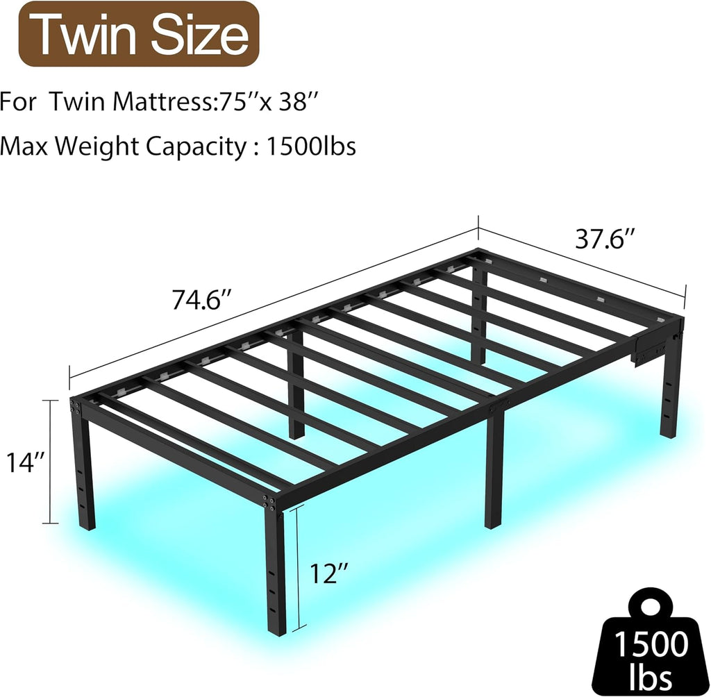 Twin Bed Frames 14 Inch Platform Bed Frame with Large Storage Space,Black Bed Frame Twin Size for Kids Heavy Duty