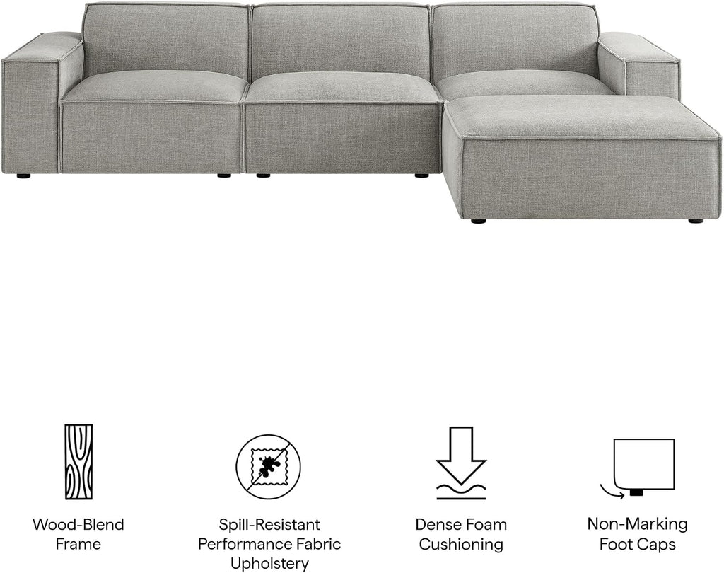 Restore Performance Fabric Upholstered 4-Piece Modular Sofa Set with Ottoman in Pewter - Low Profile Sectional Sofa