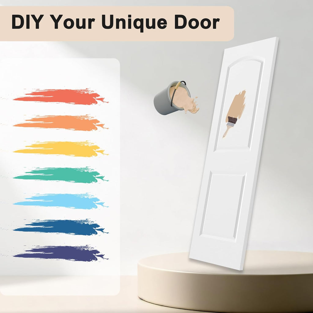 30"x80" Raised 2-Panel White Primed Hollow Core Interior Molded Door Slab with Arch Design, NOT Pre-drilled and NOT Included Hardware, Round Top Smooth Paintable Interior Door