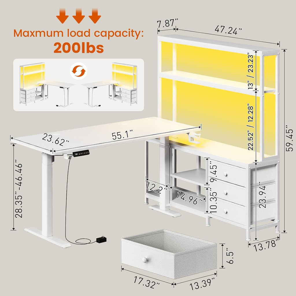 65Inch White L Shaped Standing Desk with Drawers and Hutch | Charging Station, RGB LED lights, Reversible Desk, File