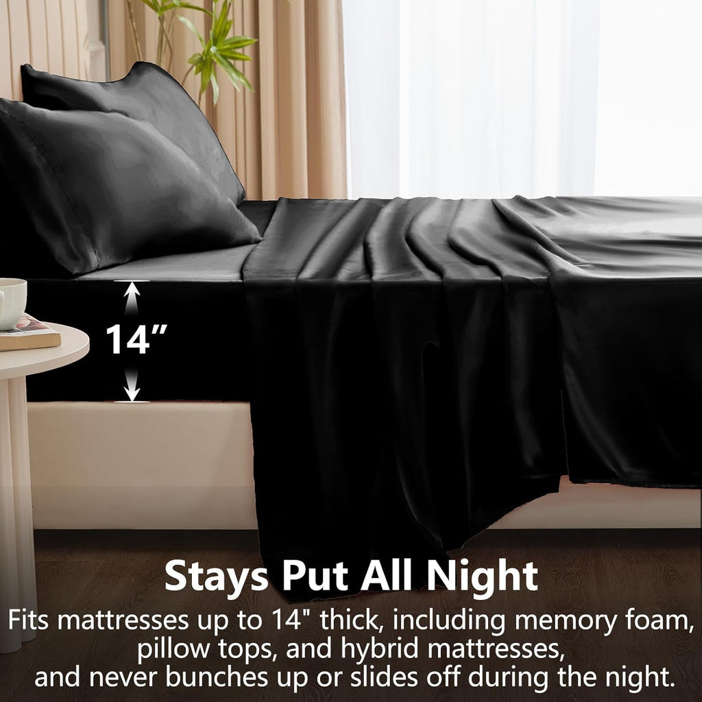 Satin Sheets Bed Set - Silky Soft Bedding Similar to Silk, 4 Piece Sheet Set for Hair and Skin, Deep Pocket