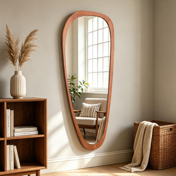 48" H x 22" W Asymmetrical Mirror, Irregular Wooden Wall Mirror Full Length - Boho Mid-Century Modern Decorative