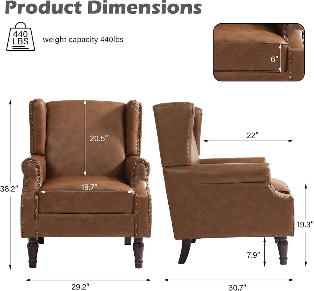 PU Leather Wingback Accent Chair, Upholstered High Back Armchair | Modern Reading Seat with Wooden Legs & Removable