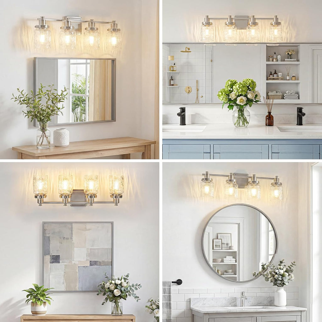 4 Lights Bathroom Light Fixtures Farmhouse Brushed Nickel Vanity Lights Lighting Fixtures Over Mirror with Hammered