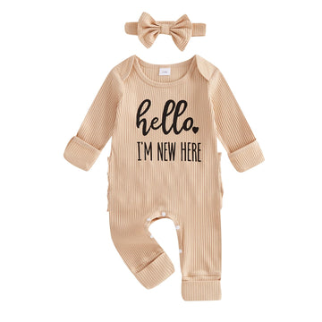 Newborn Baby Girl Boy Romper Hello I'M NEW HERE Print Long Sleeve Ribbed Bodysuit Coming Home Fall Winter Clothes