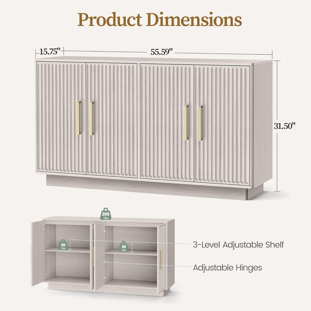 55" Modern Fluted Sideboard Buffet Cabinet, Space-Saving Storage Credenza for Home Coffee Bar