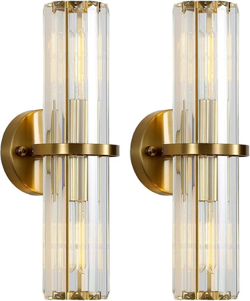 Crystal Wall Sconce Set of 2, Gold Crystal Bathroom Wall Light, Modern Sconces Wall Decor 2-Light Luxury Indoor Wall