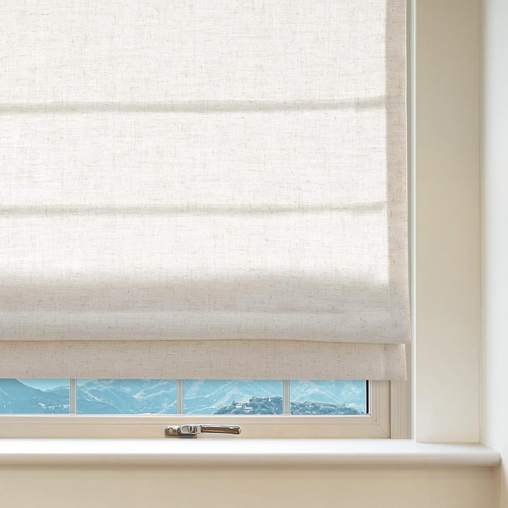 Cordless Linen Roman Shades, Natural Custom Fabric Room Darkening Roman Window Shades Blinds for Doors, French Doors