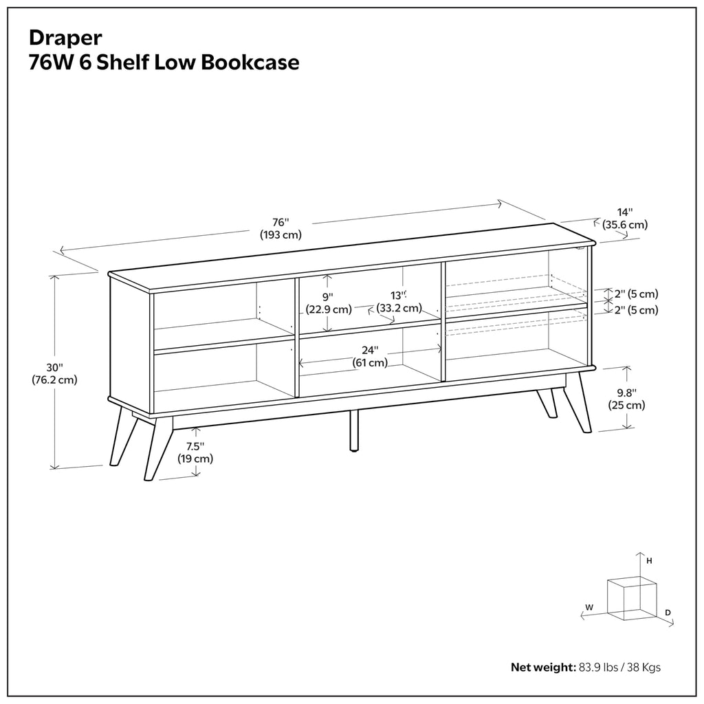 Draper 30" Tall Solid Wood 6-Shelf Bookcase in Teak Brown