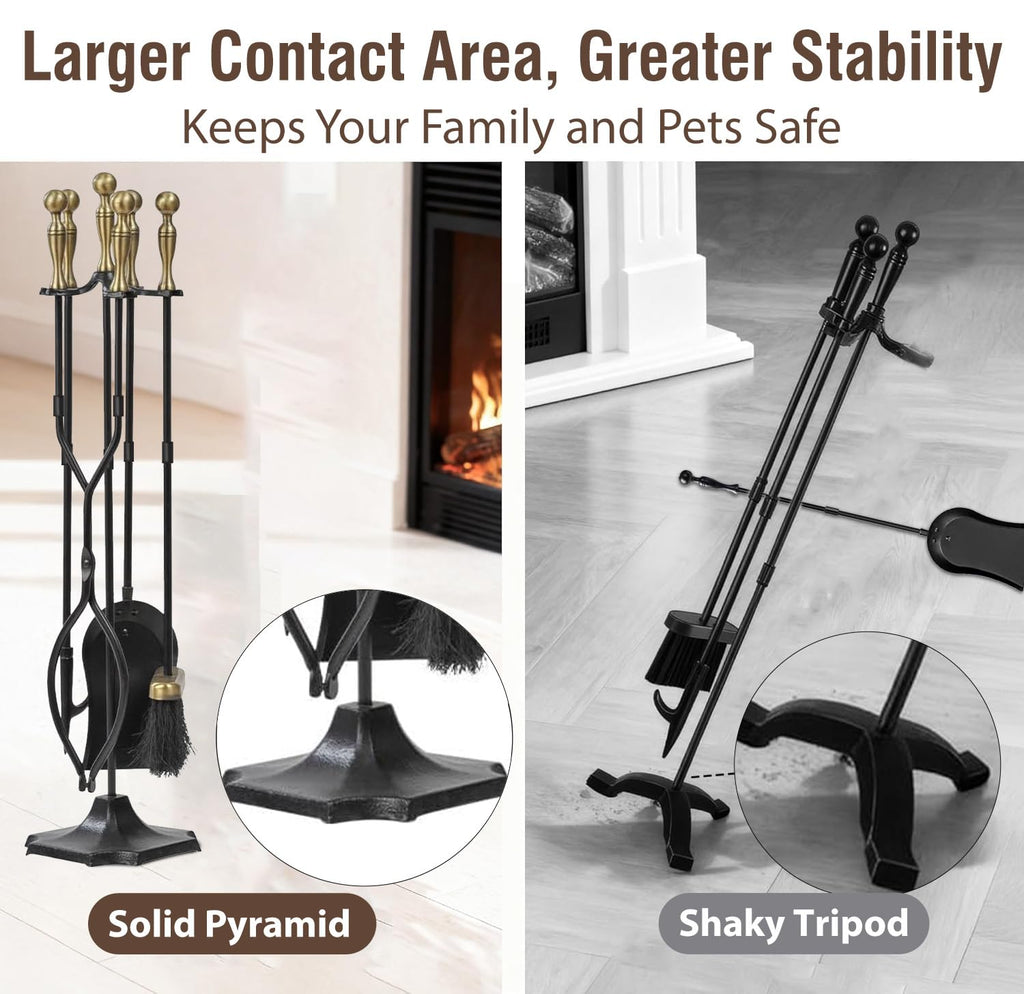 5 Pcs Fireplace Tools Brass Handles Wrought Iron Set Holder Indoor Outdoor Fireset Fire Pit Stand Rustic Tongs Shovel