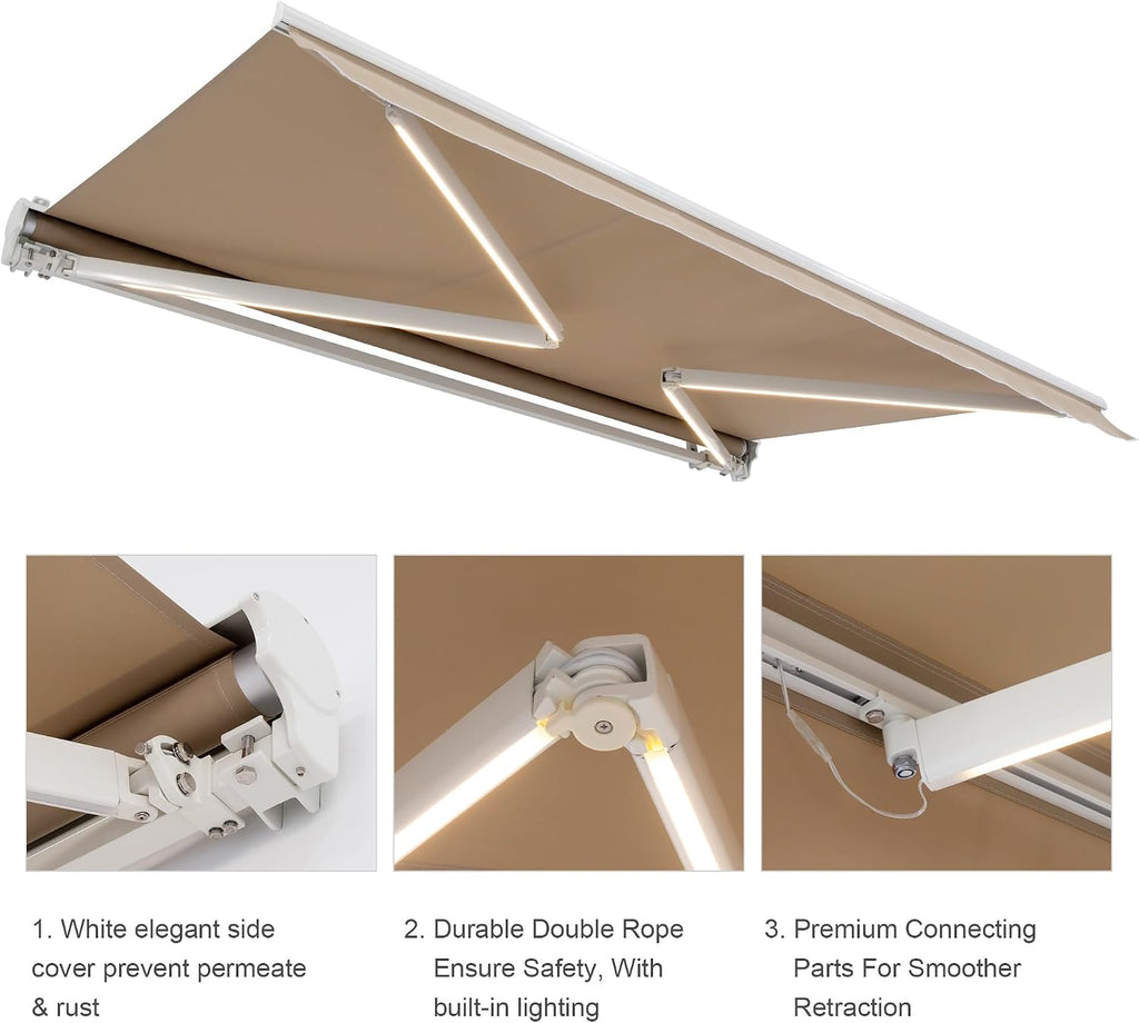 12'x10' Patio Awning Retractable, Fully Assembled Motorized LED Light Awnings Electric Commercial Grade - Quality