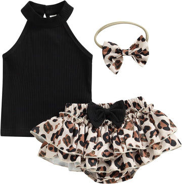 Baby Girl 3Pcs Summer Outfits, Sleeveless Halter Tops+Leopard Print Ruffle Shorts +Headband 3pcs Cheetach Set