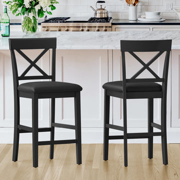 Bar Stools Set of 2, 25.2" Rubber Wood X Back, Black Faux Leather
