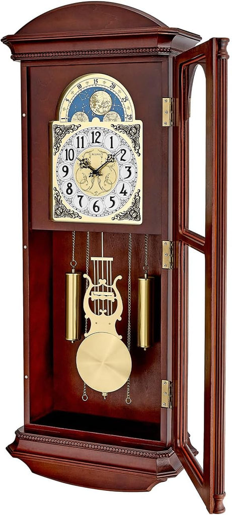 Bulova Litchfield Large Regulator Wall Clock, Model C4332 - Classic Pendulum Design - Harmonic Hourly Chime - Brown Cherry Finish