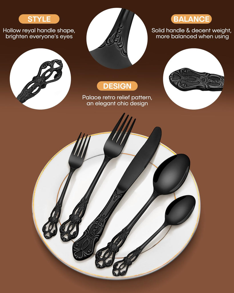 40 Pieces Black Silverware Set, Royal Retro Flatware Set for 8, Stainless Steel Cutlery Set with Luxury Forks Spoons