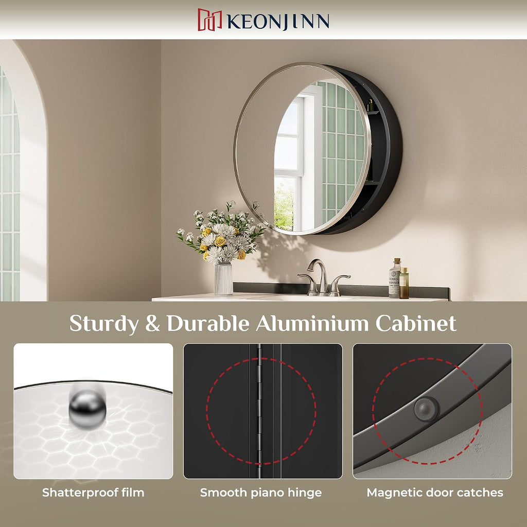20 Inch Round Medicine Cabinet with Mirror, Brushed Nickel Surface Mount Medicine Cabinet , Framed Circular Bathroom