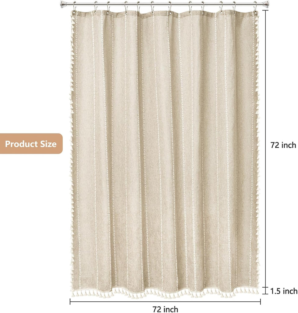 Boho Farmhouse Linen Shower Curtain with Tassels, Heavyweight Soft Fabric Shower Curtain Beige Water Repellent, 72 x