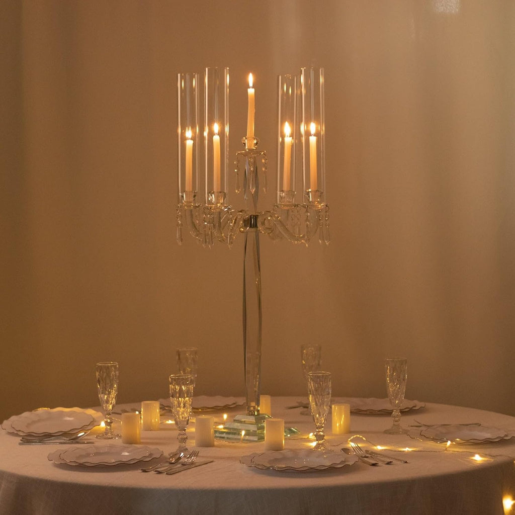 Crystal 4-Arm Candelabra Taper Candle Holder with Hurricane Glass Shades - Table Centerpiece with Pedestal Base &