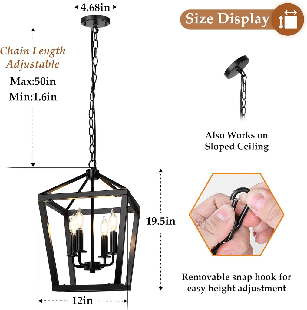 Farmhouse Chandelier 4-Light, Black Pendant Light Fixture Ceiling Hanging for Kitchen Island Dining Room, Lantern Industrial Lighting with Metal Cage Adjustable Height for Entryway Foyer