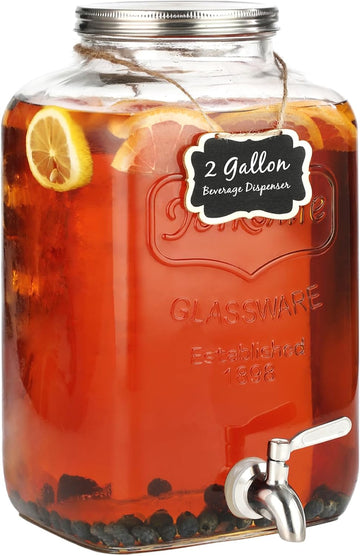 2 Gallon Glass Drink Dispenser - Stainless Steel Leakproof Spigot and Lid, Beverage for Parties, Water Beverage