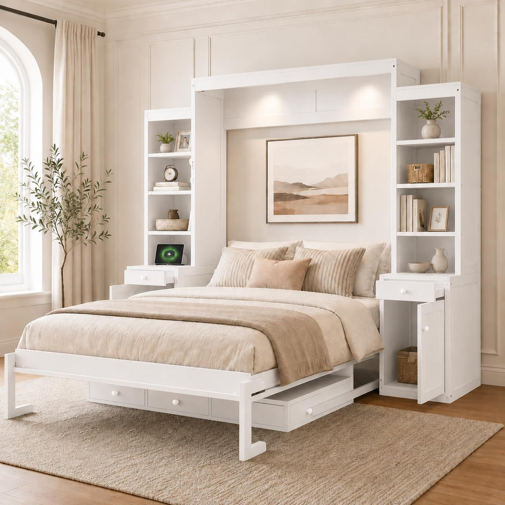 Queen Murphy Bed with Desk, Wall Bed Cabinet with Storage Shelves, Enclosed Cabinets and Hidden Foldout Workstation