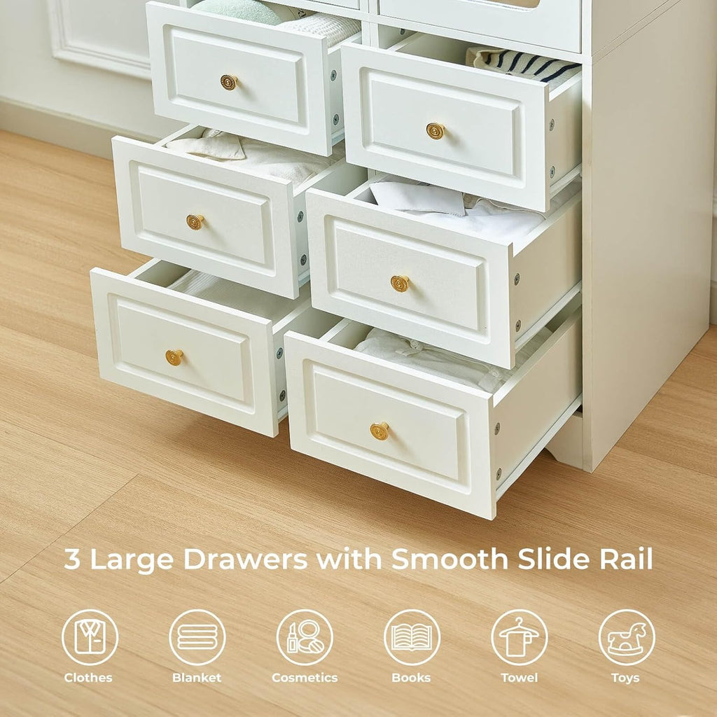 Armoire Wardrobe Closet, White Bedroom Armoires Cabinet with Mirror Door and 3 Drawers, 69.5" H Clothing Storage