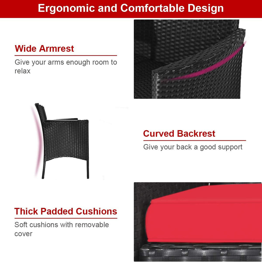 Wicker Patio Conversation Furniture Set, Outdoor Furniture Set with Removable Cushions & Table, Tempered Glass Top