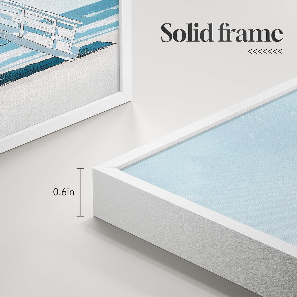 Framed Blue Coastal Beach Wall Art for Room Decor, 4 Piece Beach Ocean Bathroom Canvas Pictures Prints, Palm Tree
