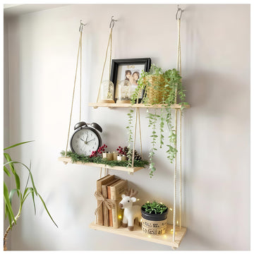 3-Tier Boho Hanging Shelves for Wall - Rustic Floating Wood Shelves with Rope, Macrame Plant Shelf Organizer Decor