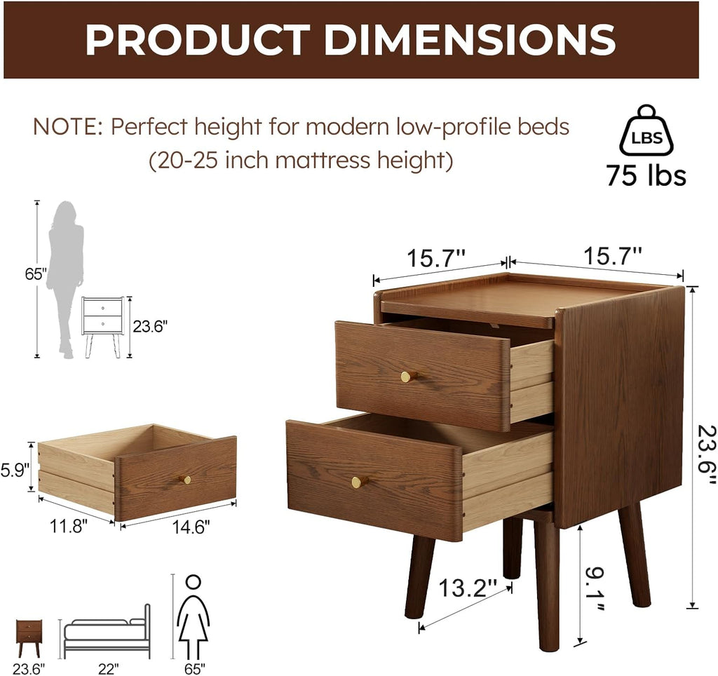 Walnut Nightstand, Solid Wood Nightstand, Modern Night Stand with Drawers, Wood Night Stand, End Table with Storage