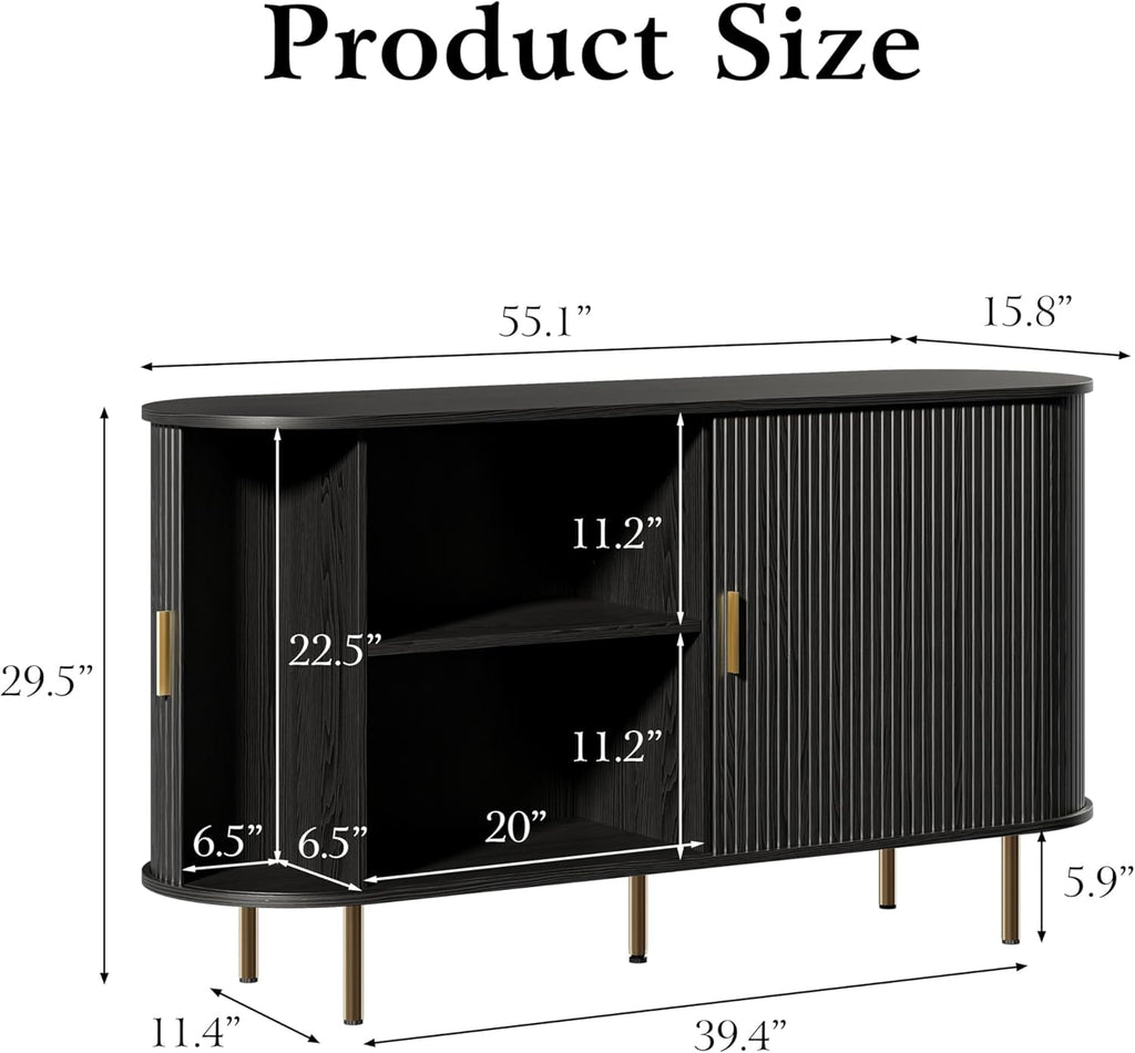 Sideboard Buffet Cabinet with Storage,Mid Century Modern Fluted Accent Coffee Bar Console Table,Tambour Sliding Doors& Adjustable Shelf for Kitchen, Living Room, Entryway(Black, 55 Inch)