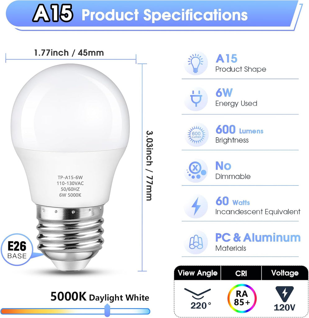 A15 LED Light Bulb, 60 Watt Equivalent LED Bulbs, Daylight White 5000K, 600LM, E26 Base, Non-Dimmable, 6W Bright (6-Pack)