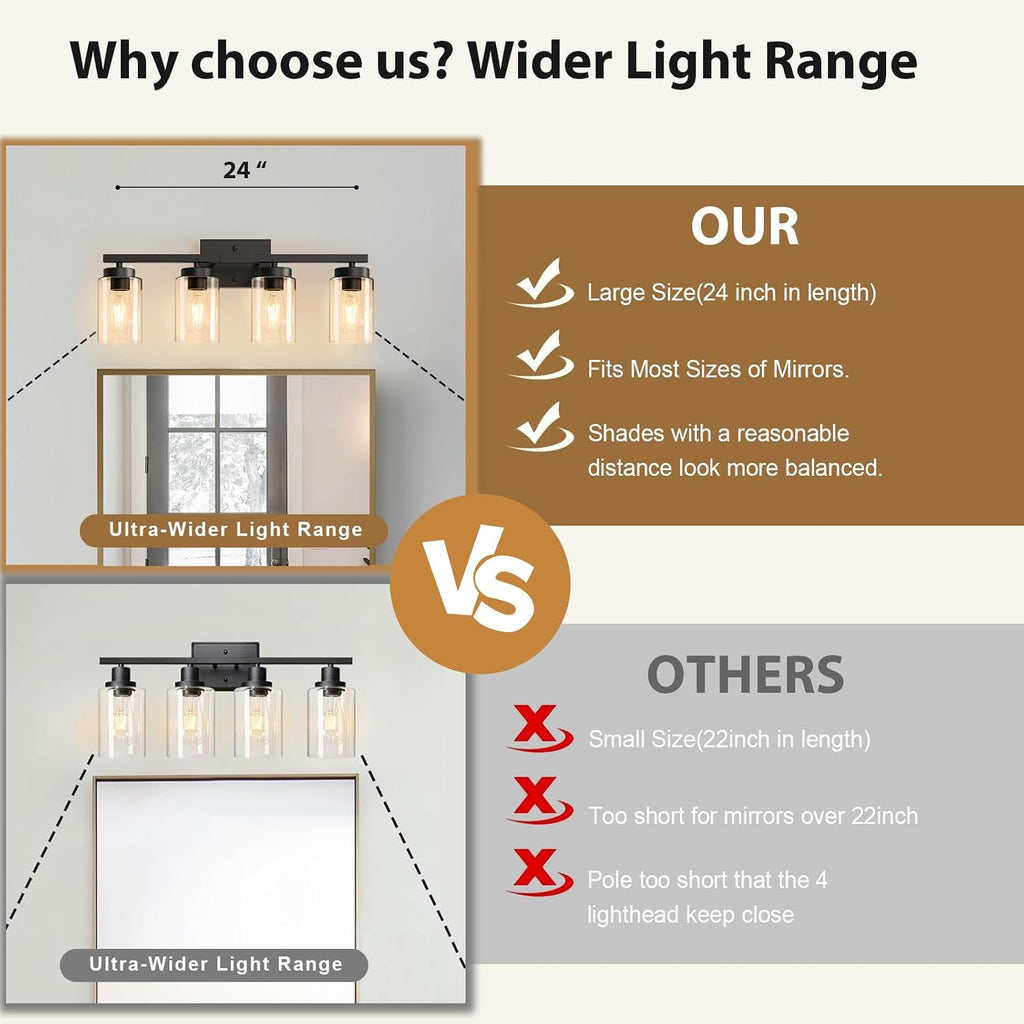 Modern Bathroom Light Fixtures, 4 Light Black Vanity Lights, Bathroom Lighting Fixtures Over Mirror with Clear Glass