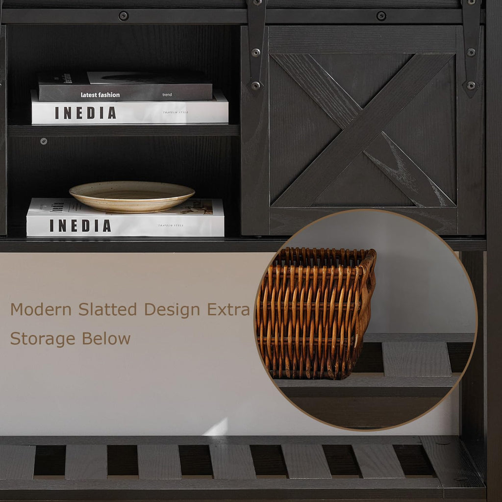 Entryway Table with Storage, Farmhouse Buffet Cabinet Coffee Bar Kitchen Island with Sliding Barn Doors & Shelves