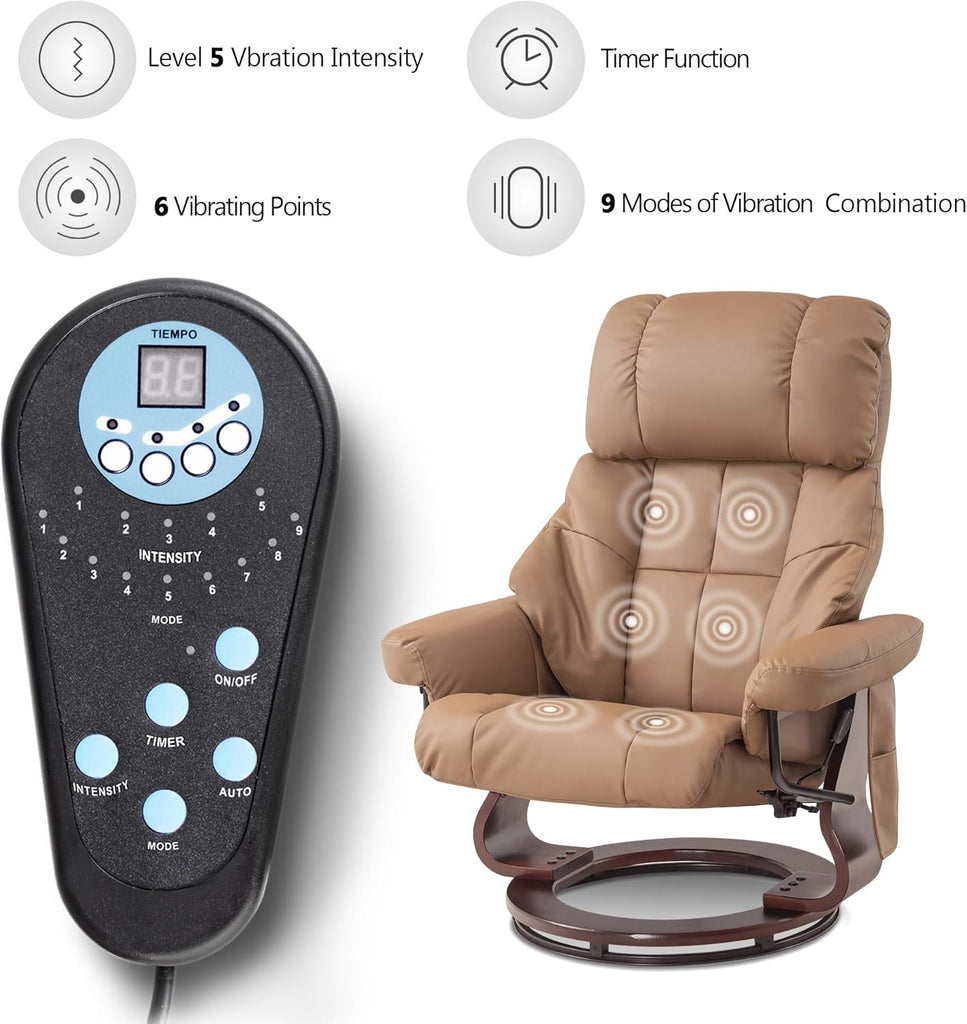 Modern Reclining Swivel Lounge Chair and Ottoman — Cognac Faux Leather