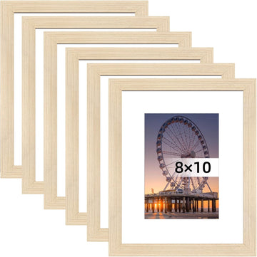 8x10 Picture Frame Natural Set of 6, Display Pictures 5x7 with Mat or 8x10 Without Mat for Wall Mounting or TableTop