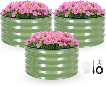 3 Pcs Round Galvanized Raised Garden Beds, 2x2x1ft Olive Green | Metal Planter Bed Outdoor, Raised Beds Kit for
