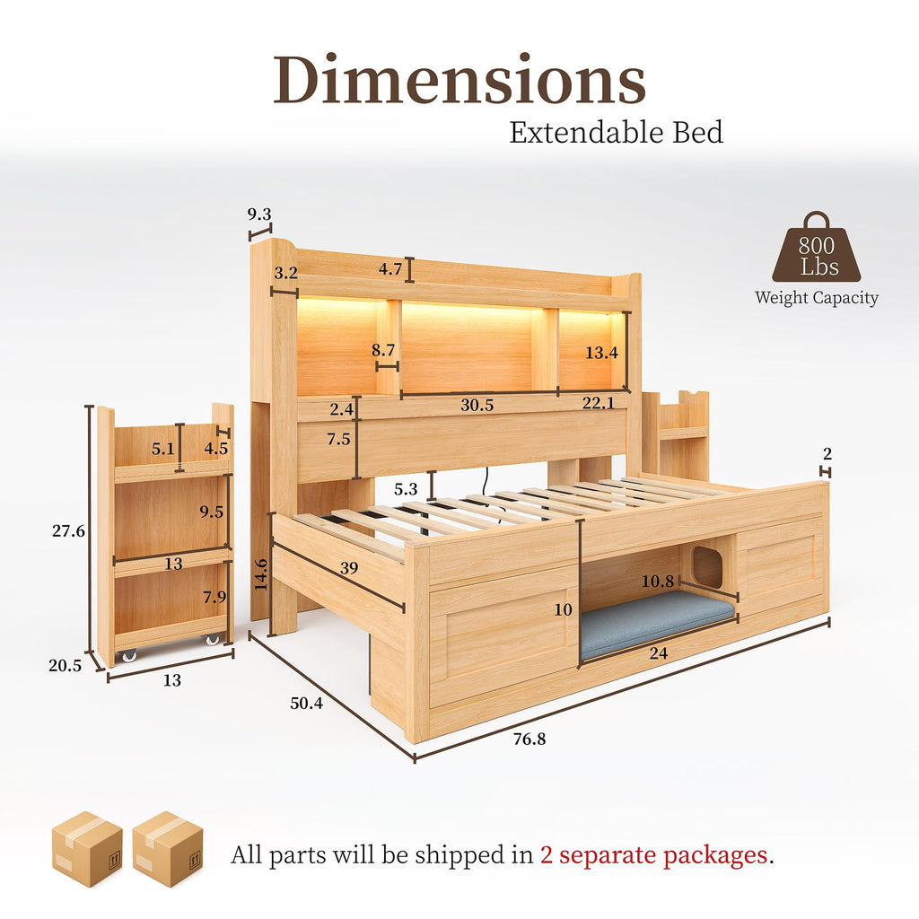 Twin Daybed with Bookcase Headboard & Hidden Bedside Racks, Oak