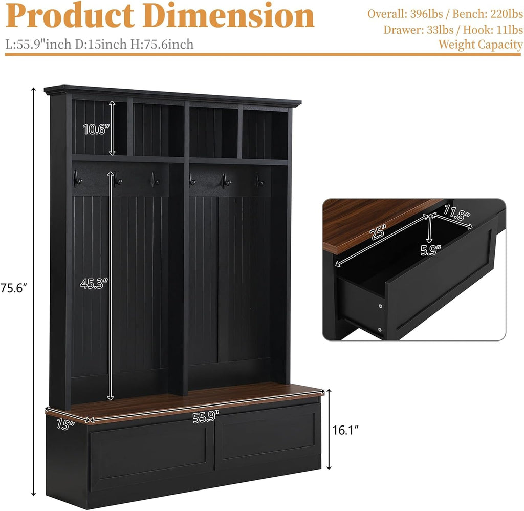 55.9" W Hall Tree with Bench and Shoe Storage,Shoe and Coat Rack with Drawer and Hooks,Farmhouse Furniture