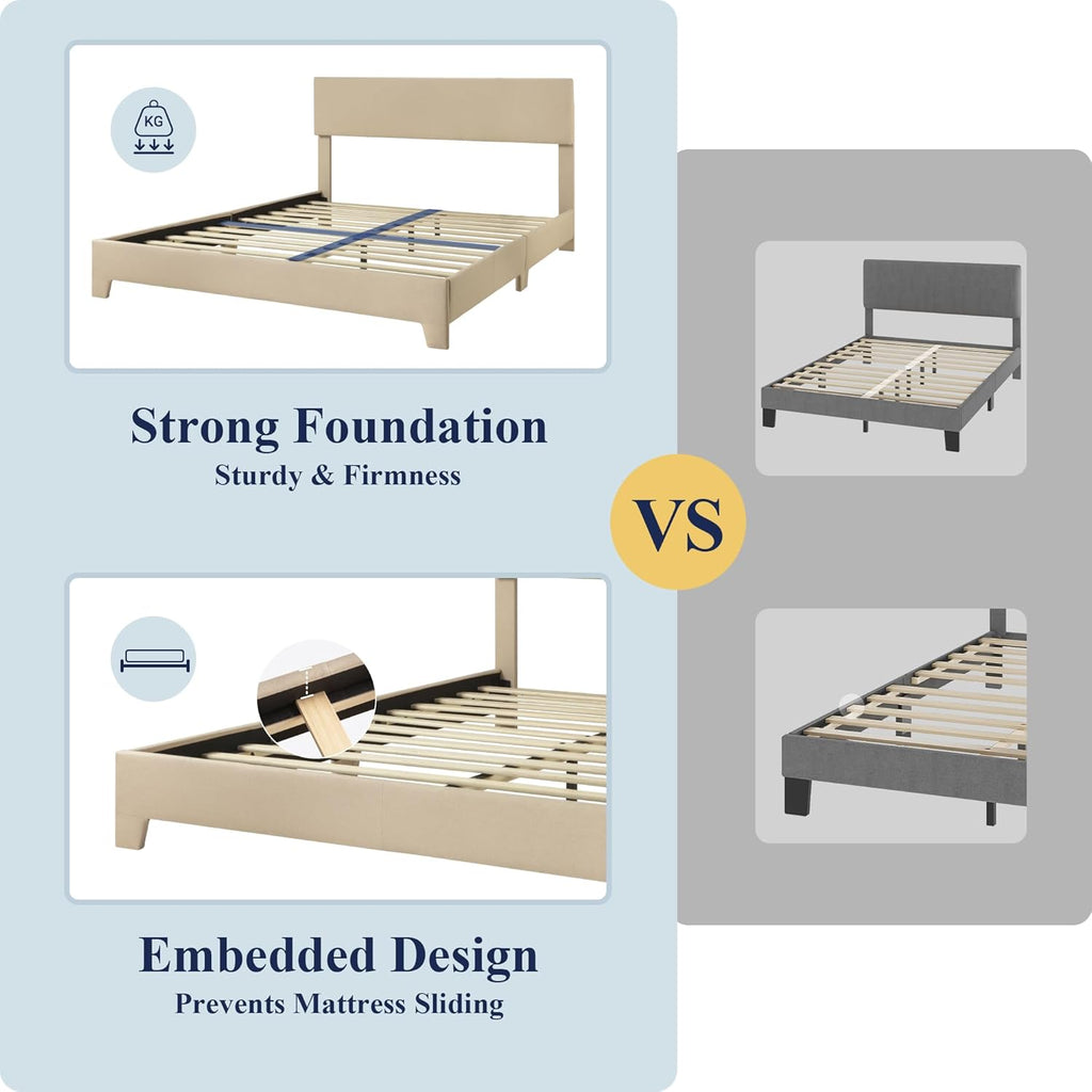 Queen Bed Frame with Adjustable Headboard, Upholstered Platform Bed with Wood Slats, Heavy Duty Mattress Foundation