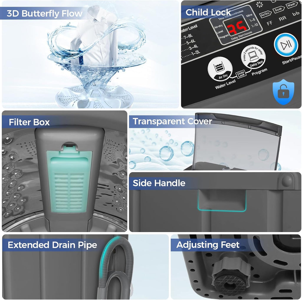 Portable Washing Machine, 20Lbs Capacity Full-Automatic Portable Washer Machine, 2.8Cu.ft Washer and Dryer Combo with 10 Programs & 8 Water Levels Compact Laundry Machine for Apartments