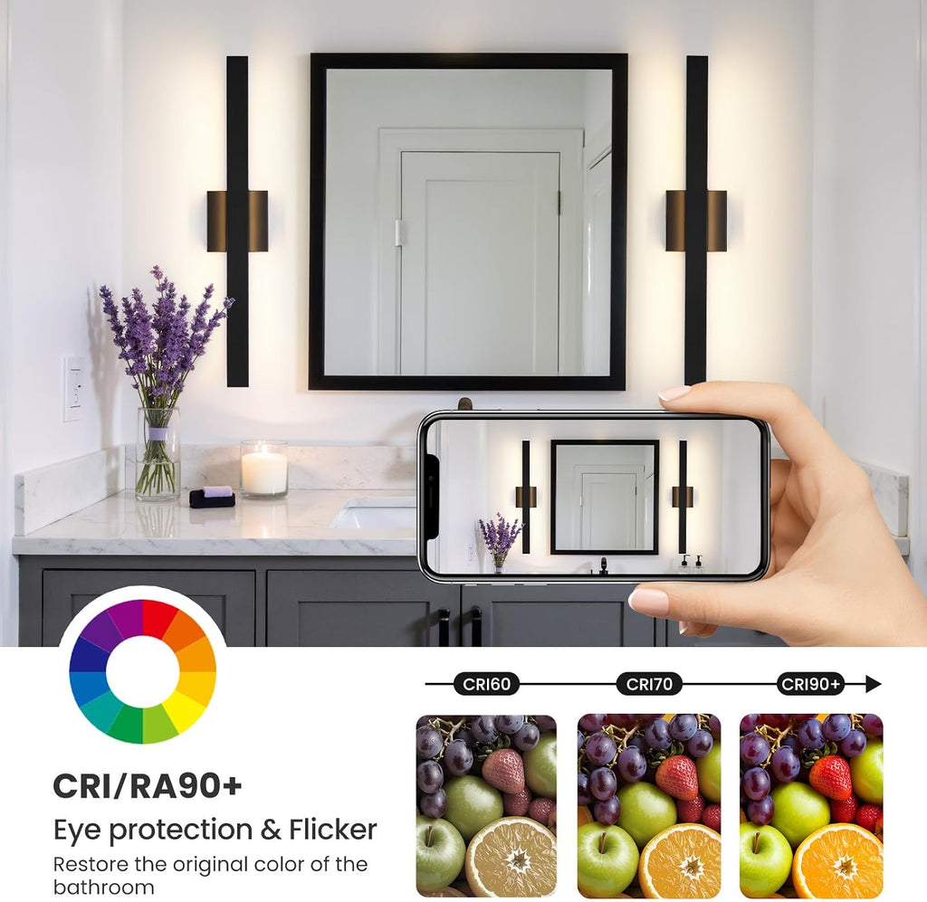 Modern Bathroom Vanity Light 24 Inch Black Bathroom Lighting Fixtures Over Mirror 20W 5CCT Dimmable LED Vanity Lights